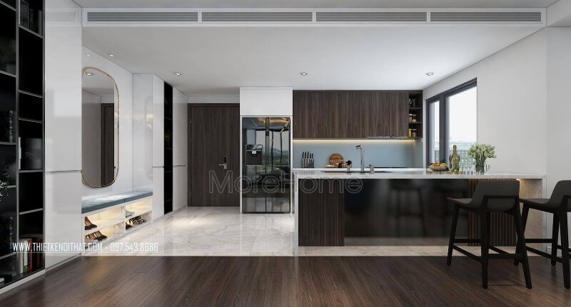 Thiết kế nội thất không gian phòng bếp đa năng với mẫu tủ bếp gỗ công nghiệp tinh tế. Thiết kế tủ bếp, sản xuất tủ bếp chung cư