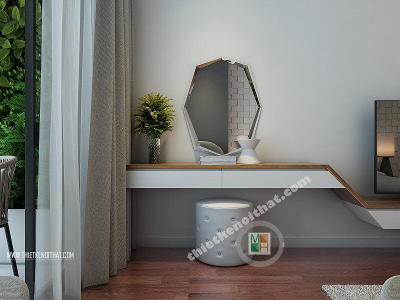 Trang trí nội thất phòng ngủ với gương ốp tường đẹp
kết hợp bàn trang điểm treo tường tạo điểm nhấn nổi bật cho căn phòng