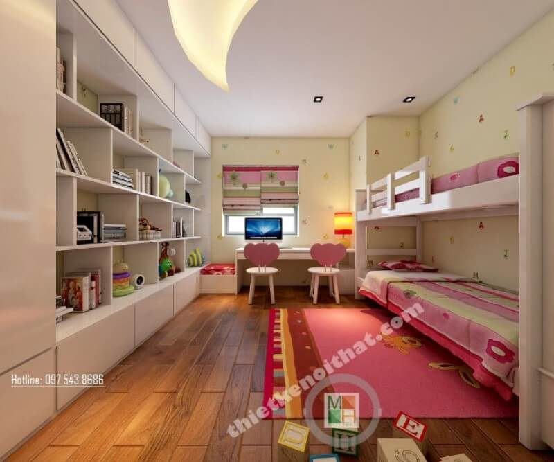 Khu vực học tập của con được thiết kế ngay trong phòng ngủ tạo cho con yêu của bạn có một không gian học tập và nghỉ ngơi thoải mái nhất