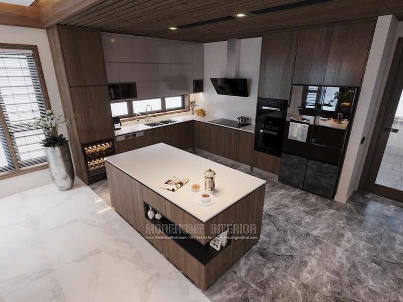 Chọn đá nhân tạo để làm ốp bếp và sàn cho phòng bếp để tạo ra một không gian đẹp và sạch sẽ.