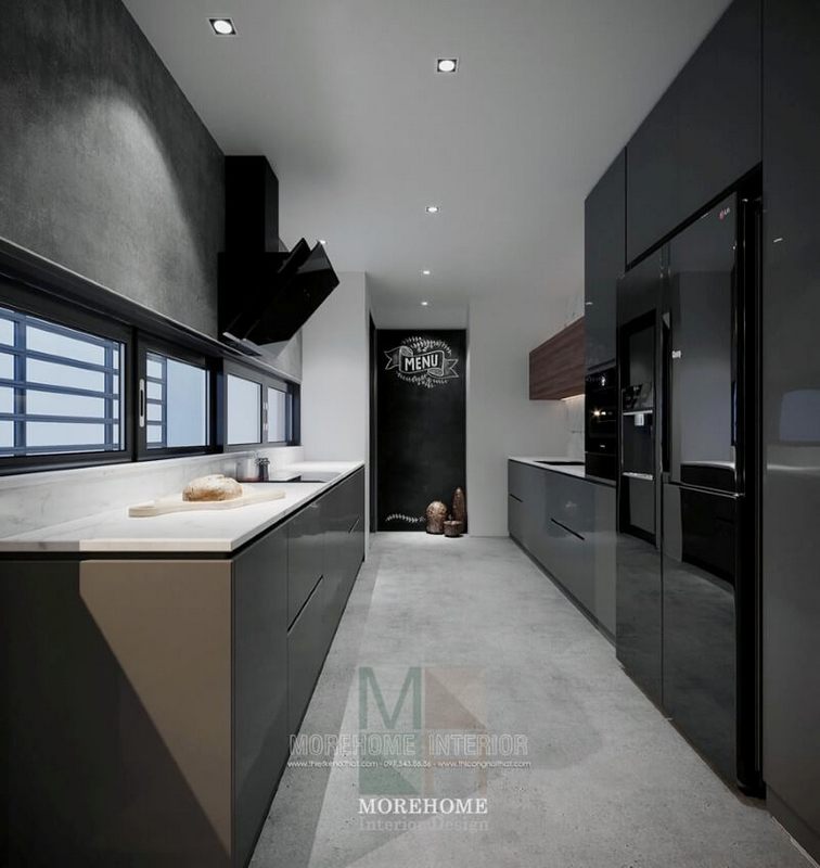 Đá nhân tạo màu trắng ốp bếp làm cho không gian phòng bếp trở nên ấn tượng hơn.