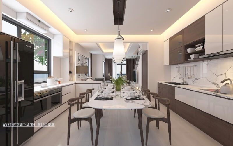 Phòng bếp hiện đại có nội thất gỗ óc chó làm nổi bật với sự độc đáo.